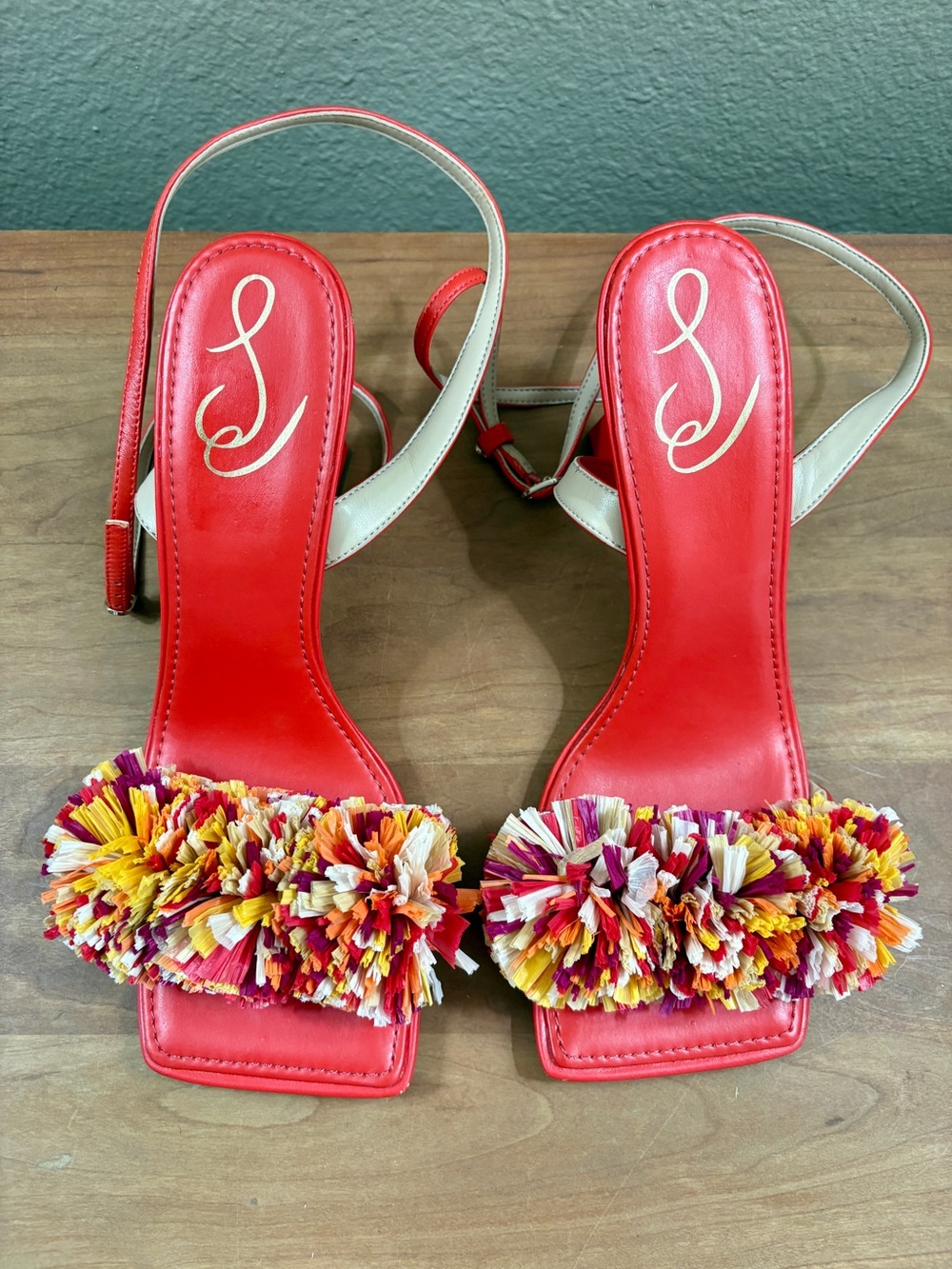 Sam Edelman Relove CLARE Red Ankle Strap Pom Pom Sandal, Womens size 8 - Picture 2 of 16